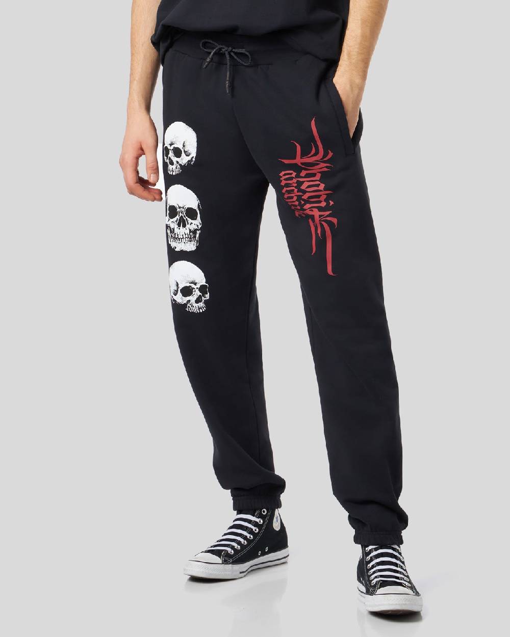 Phobia Archive PANTALONE NERO CON STAMPA TRIPLE SKULL ROSSA Negozio
