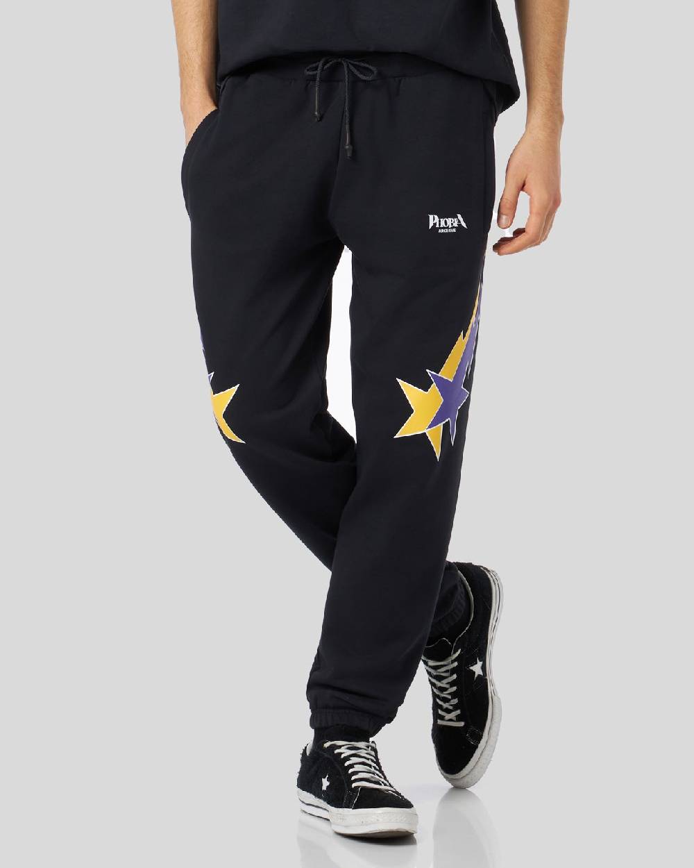 Phobia Archive PANTALONE NERO CON STAMPA STARRY LIGHTNING GIALLA E VIOLA Italy
